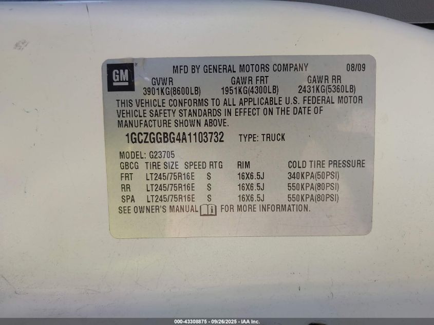 2010 Chevrolet Express 2500 Work Van VIN: 1GCZGGBG4A1103732 Lot: 43308875