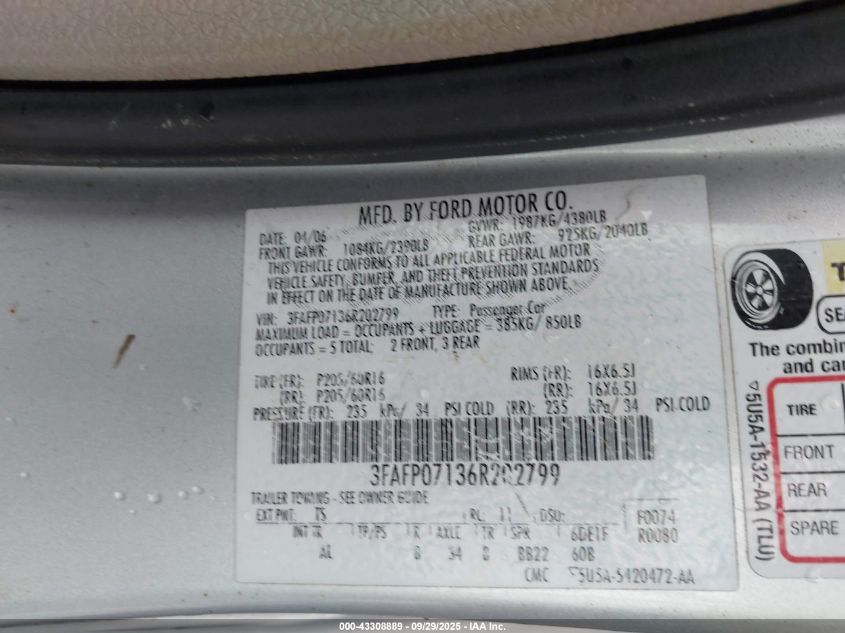 2006 Ford Fusion Se VIN: 3FAFP07136R202799 Lot: 43308889