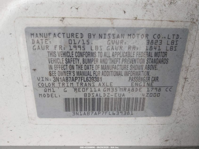 2015 Nissan Sentra Fe+ S/S/Sl/Sr/Sv VIN: 3N1AB7AP7FL639381 Lot: 43308898