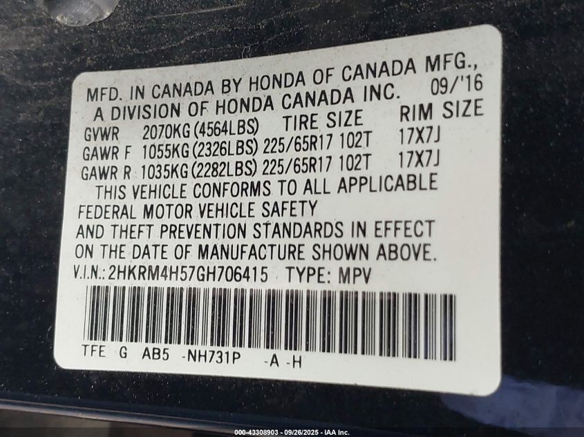 2016 Honda Cr-V Ex VIN: 2HKRM4H57GH706415 Lot: 43308903