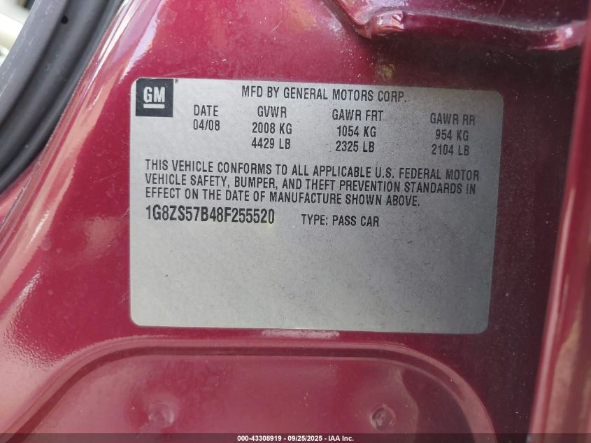 2008 Saturn Aura Xe VIN: 1G8ZS57B48F255520 Lot: 43308919