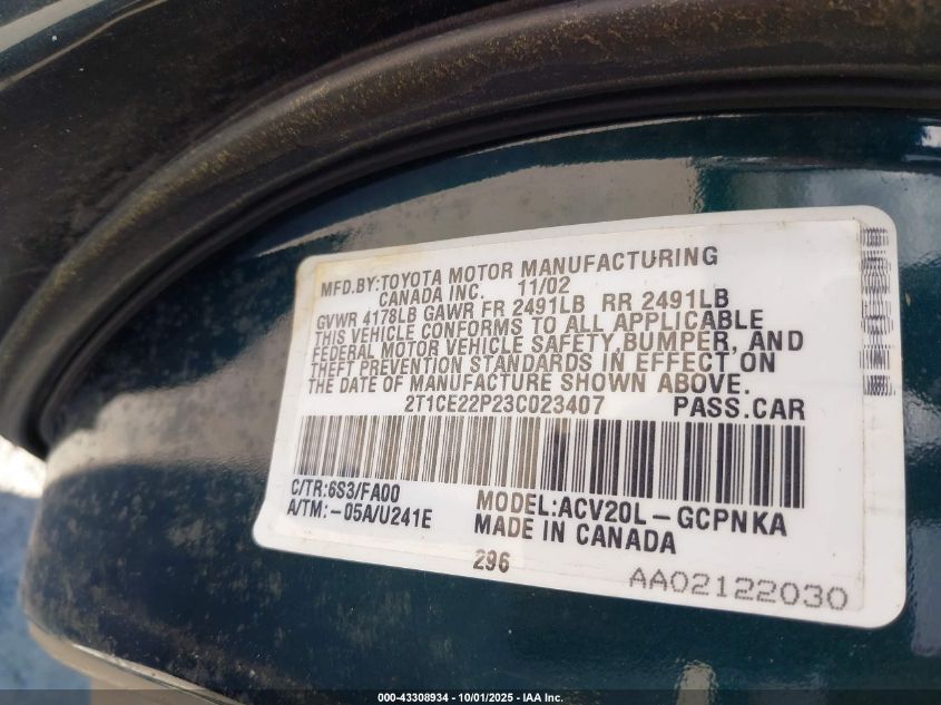 2003 Toyota Camry Solara Se VIN: 2T1CE22P23C023407 Lot: 43308934