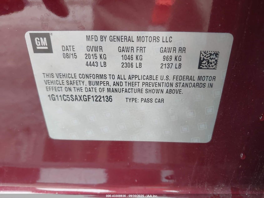 2016 Chevrolet Malibu Limited Lt VIN: 1G11C5SAXGF122136 Lot: 43308936