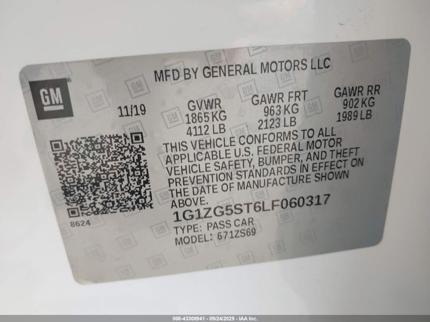 2020 Chevrolet Malibu Fwd Rs VIN: 1G1ZG5ST6LF060317 Lot: 43308941