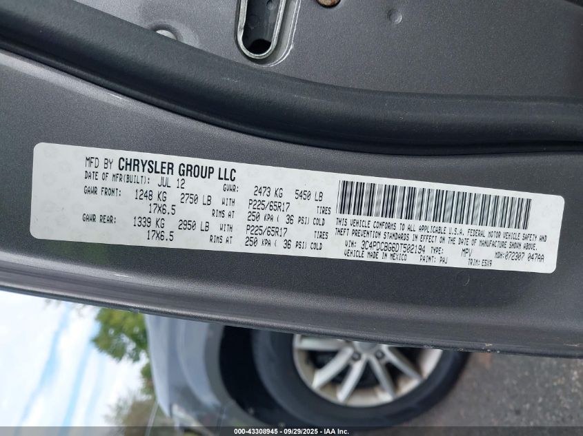 2013 Dodge Journey Sxt VIN: 3C4PDCBG6DT502194 Lot: 43308945