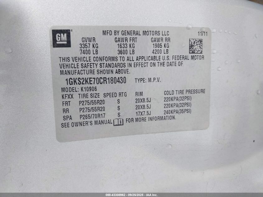 2012 GMC Yukon Xl 1500 Slt VIN: 1GKS2KE70CR180430 Lot: 43308962