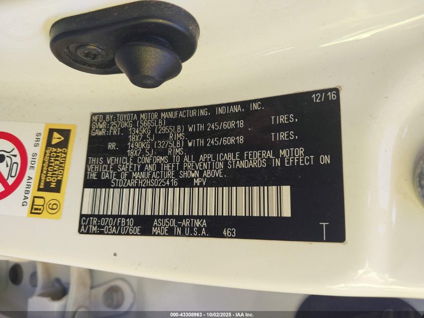 2017 Toyota Highlander Le VIN: 5TDZARFH2HS025416 Lot: 43308963