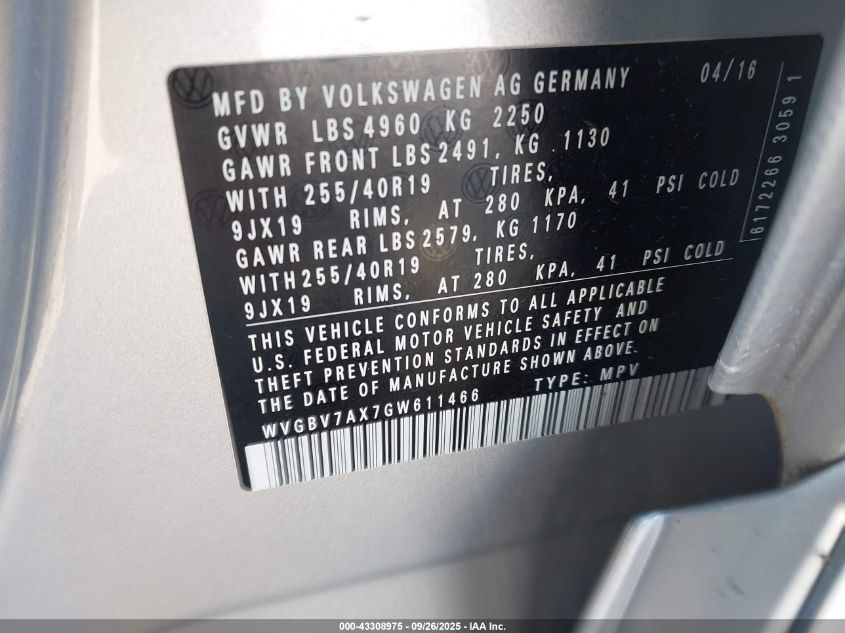 2016 Volkswagen Tiguan R-Line VIN: WVGBV7AX7GW611466 Lot: 43308975