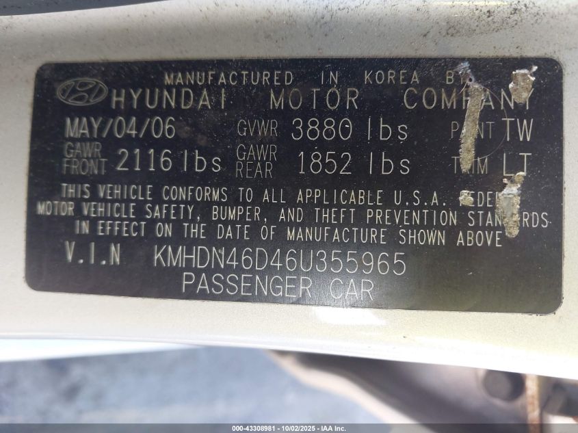 2006 Hyundai Elantra Gls/Limited VIN: KMHDN46D46U355965 Lot: 43308981