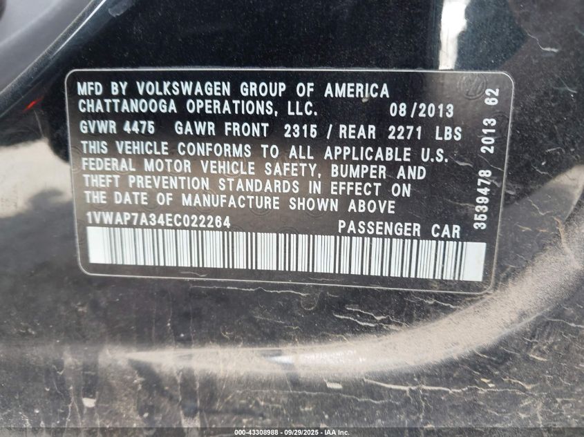 2014 Volkswagen Passat 2.5L Wolfsburg Edition VIN: 1VWAP7A34EC022264 Lot: 43308988