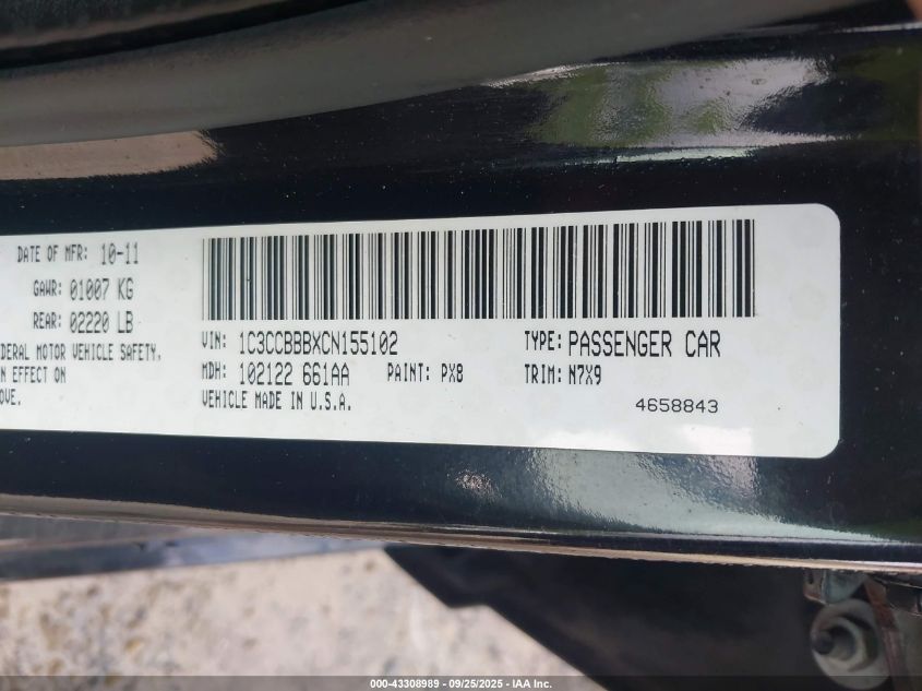 2012 Chrysler 200 Touring VIN: 1C3CCBBBXCN155102 Lot: 43308989