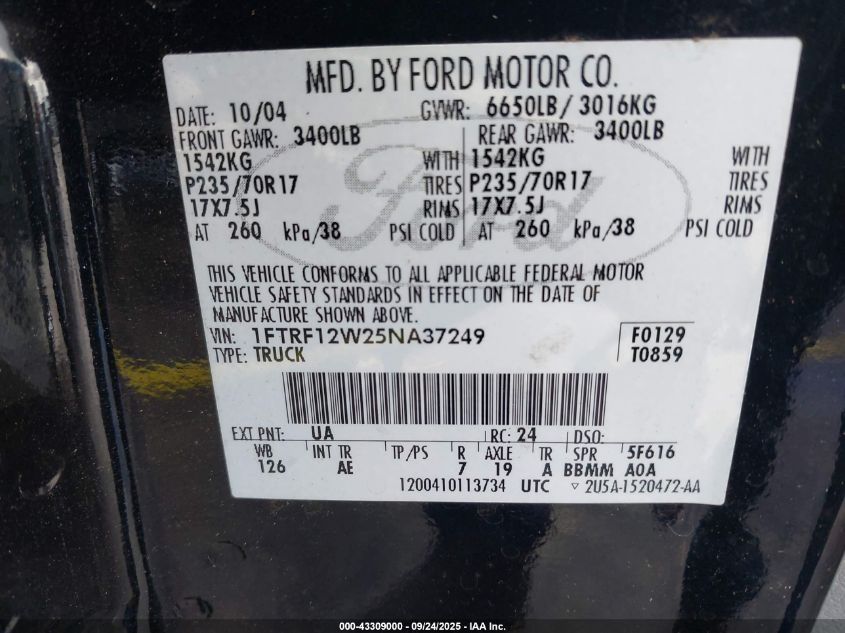 2005 Ford F-150 Stx/Xl/Xlt VIN: 1FTRF12W25NA37249 Lot: 43309000