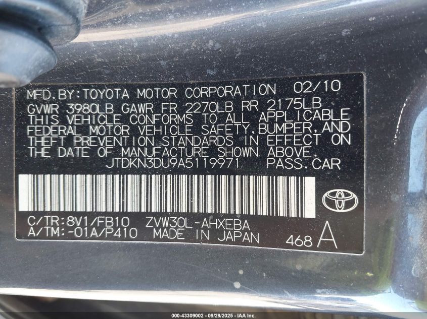 2010 Toyota Prius Ii VIN: JTDKN3DU9A5119971 Lot: 43309002