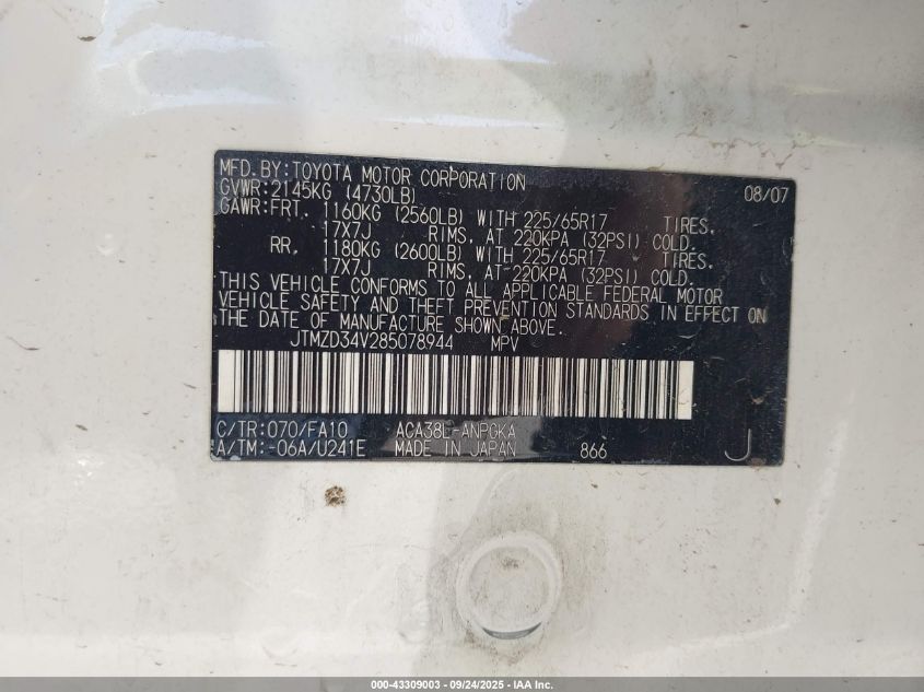 2008 Toyota Rav4 Limited VIN: JTMZD34V285078944 Lot: 43309003