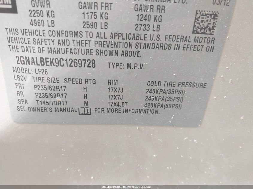 2012 Chevrolet Equinox Ls VIN: 2GNALBEK9C1269728 Lot: 43309005