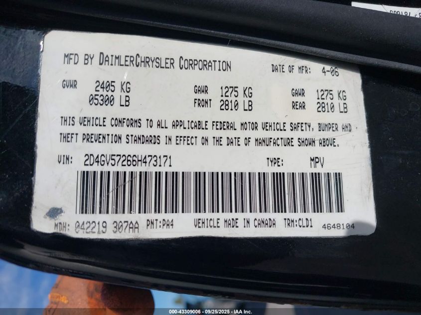 2006 Dodge Magnum Rt VIN: 2D4GV57266H473171 Lot: 43309006