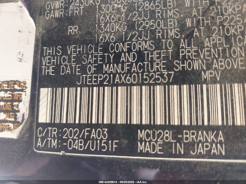 2006 Toyota Highlander V6 VIN: JTEEP21AX60152537 Lot: 43309013