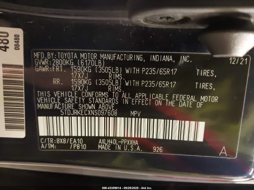 2022 Toyota Sienna Xle VIN: 5TDJRKECXNS097608 Lot: 43309014