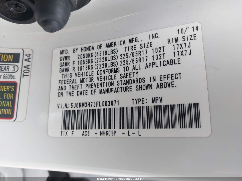 2015 Honda Cr-V Ex-L VIN: 5J6RM3H75FL003671 Lot: 43309018