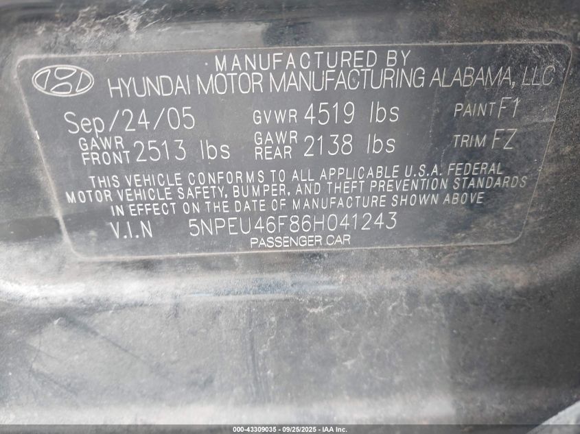 2006 Hyundai Sonata Gls V6/Lx V6 VIN: 5NPEU46F86H041243 Lot: 43309035