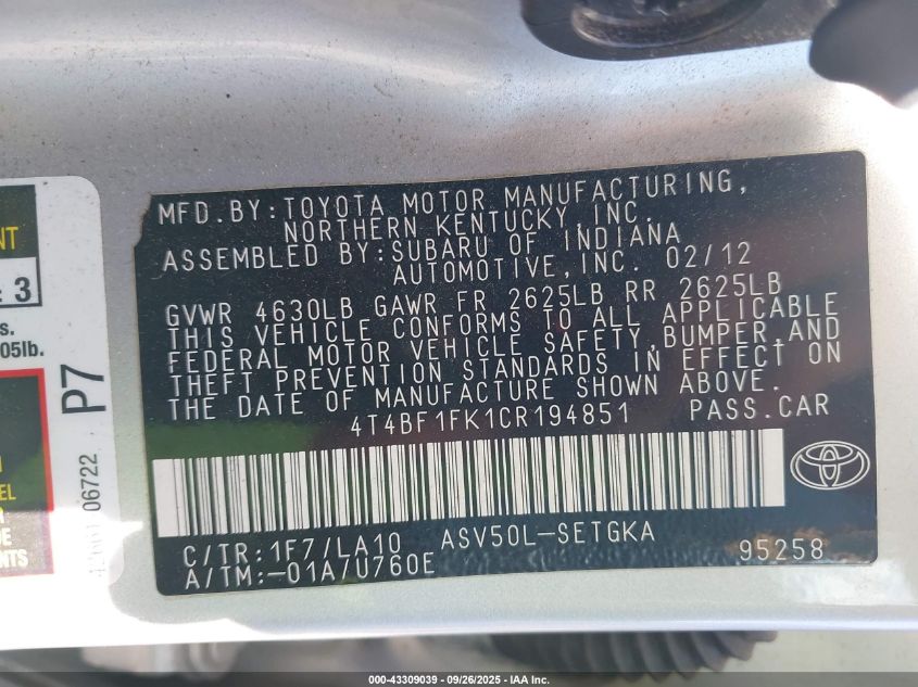 2012 Toyota Camry Xle VIN: 4T4BF1FK1CR194851 Lot: 43309039