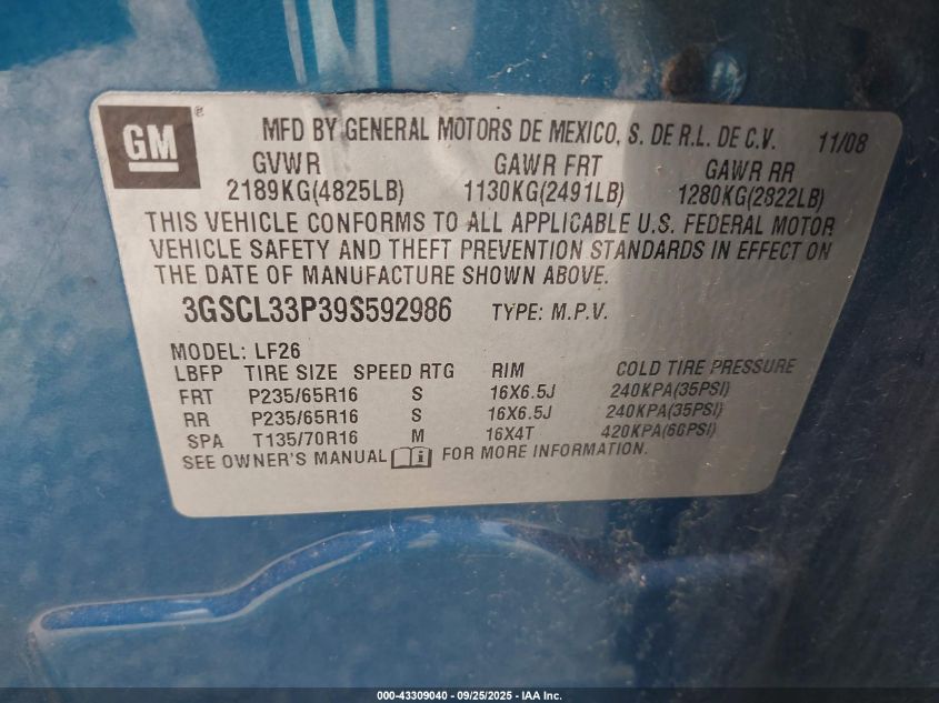 2009 Saturn Vue 4-Cyl Xe VIN: 3GSCL33P39S592986 Lot: 43309040