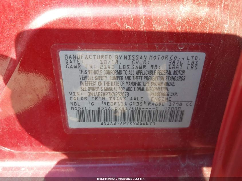 2019 Nissan Sentra Sv VIN: 3N1AB7AP7KY252679 Lot: 43309053