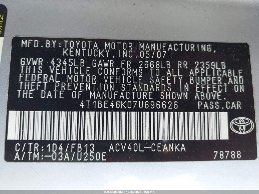 2007 Toyota Camry Le VIN: 4T1BE46K07U696626 Lot: 43309066