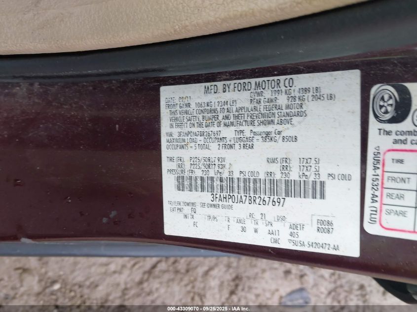 2011 Ford Fusion Sel VIN: 3FAHP0JA7BR267697 Lot: 43309070