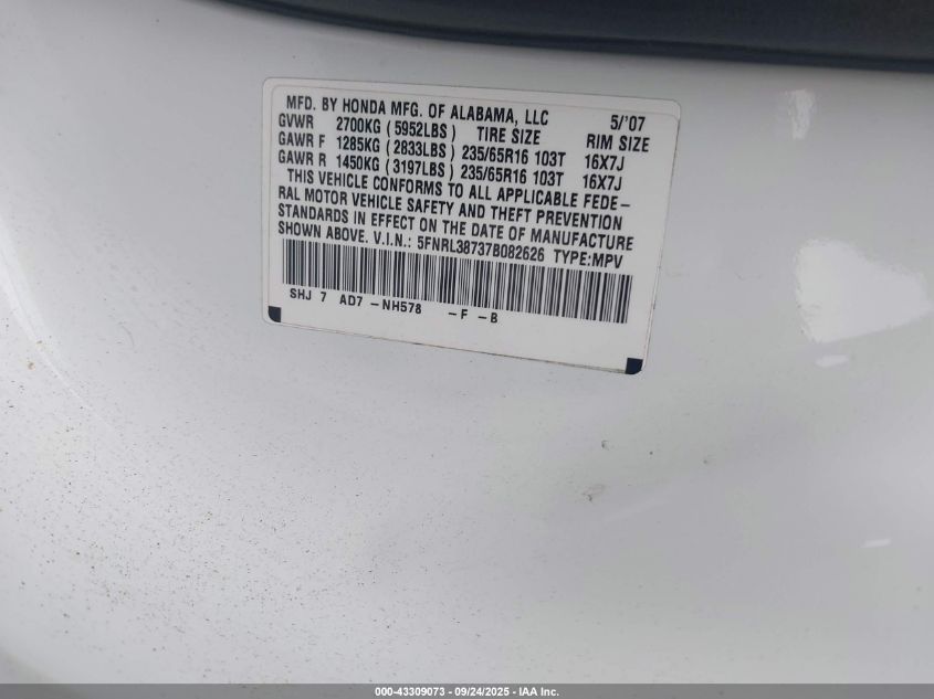 2007 Honda Odyssey Ex-L VIN: 5FNRL38737B082626 Lot: 43309073