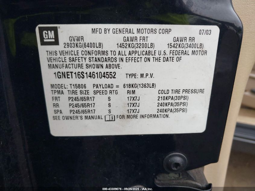 2004 Chevrolet Trailblazer Ext Ls VIN: 1GNET16S146104552 Lot: 43309076