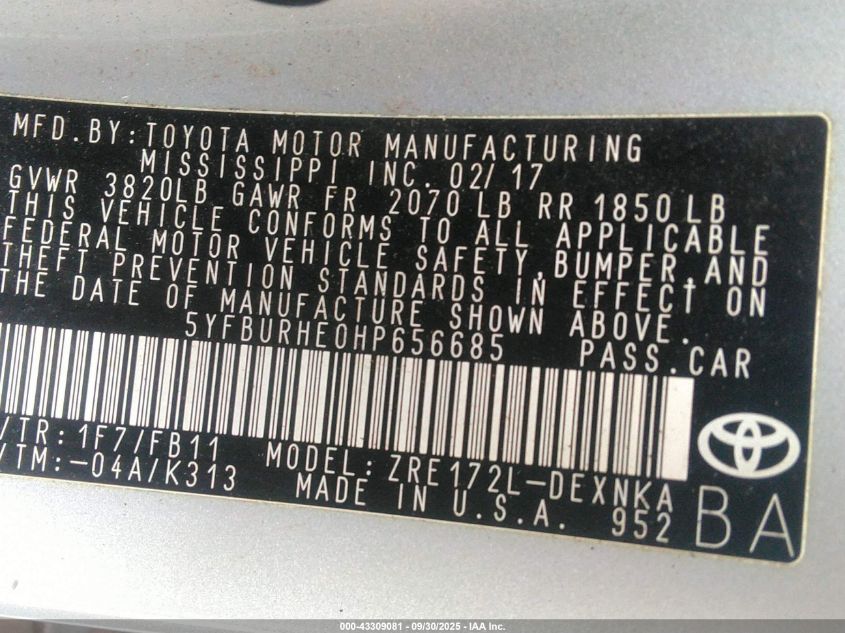 2017 Toyota Corolla Le VIN: 5YFBURHE0HP656685 Lot: 43309081