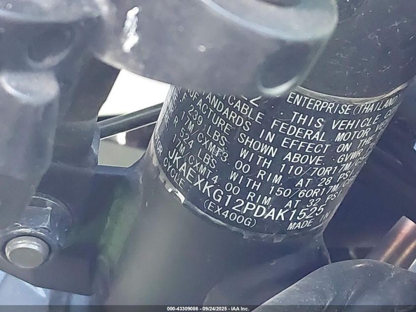 2023 Kawasaki Ex400 VIN: JKAEXKG12PDAK1525 Lot: 43309086