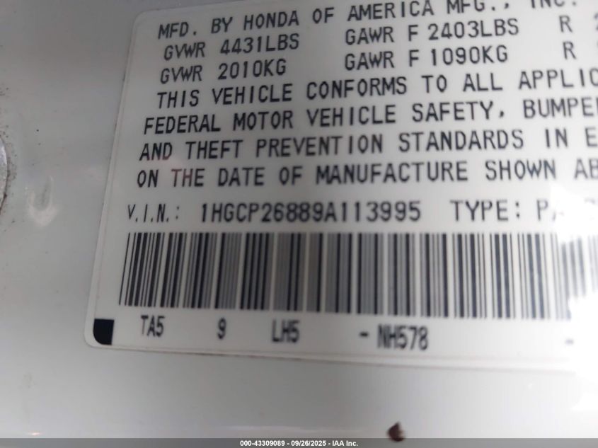 2009 Honda Accord 2.4 Ex-L VIN: 1HGCP26889A113995 Lot: 43309089