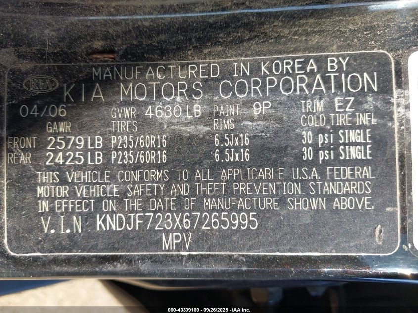 2006 Kia Sportage Ex V6/Lx V6 VIN: KNDJF723X67265995 Lot: 43309100