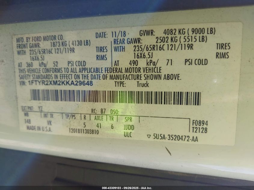 2019 Ford Transit-250 VIN: 1FTYR2XM2KKA29648 Lot: 43309103