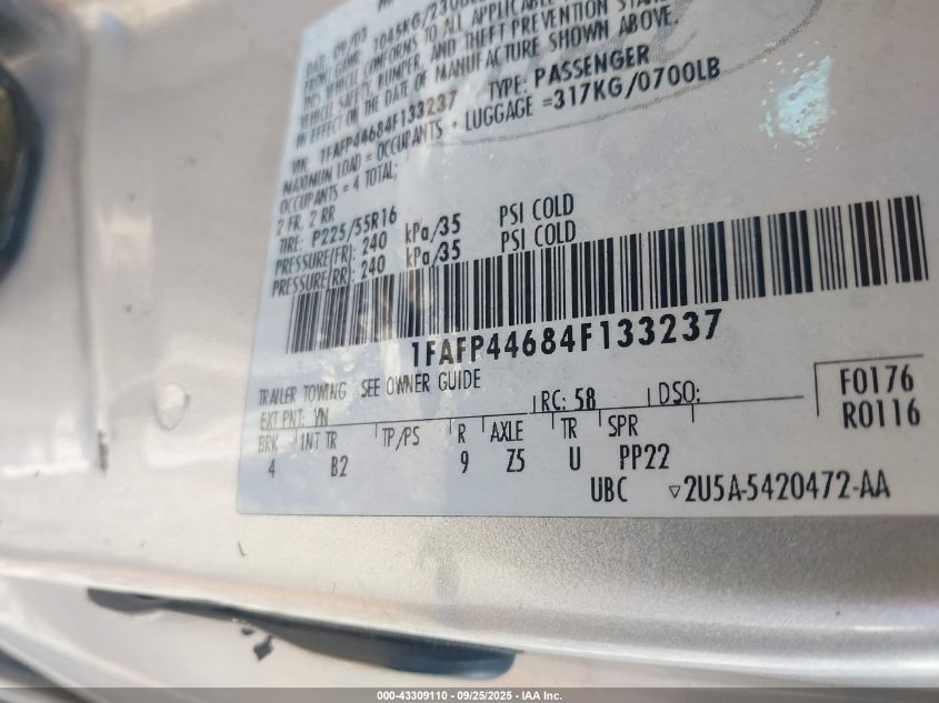 2004 Ford Mustang VIN: 1FAFP44684F133237 Lot: 43309110