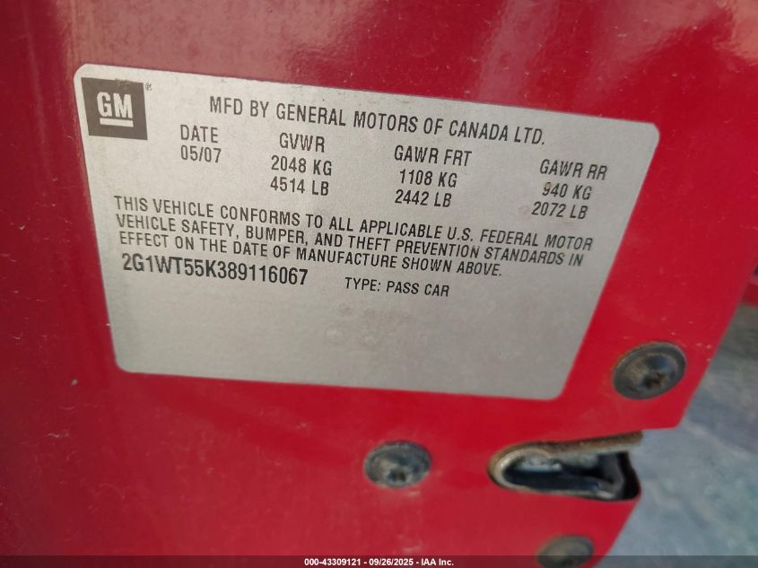 2008 Chevrolet Impala Lt VIN: 2G1WT55K389116067 Lot: 43309121