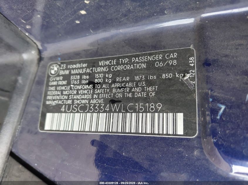 1998 BMW Z3 2.8 VIN: 4USCJ3334WLC15189 Lot: 43309126