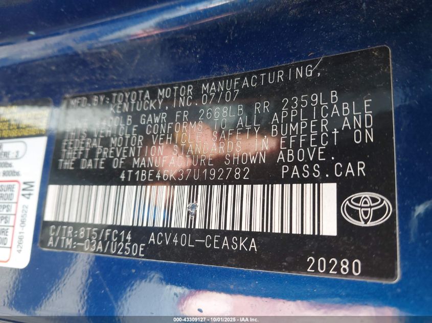 2007 Toyota Camry Se VIN: 4T1BE46K37U192782 Lot: 43309127