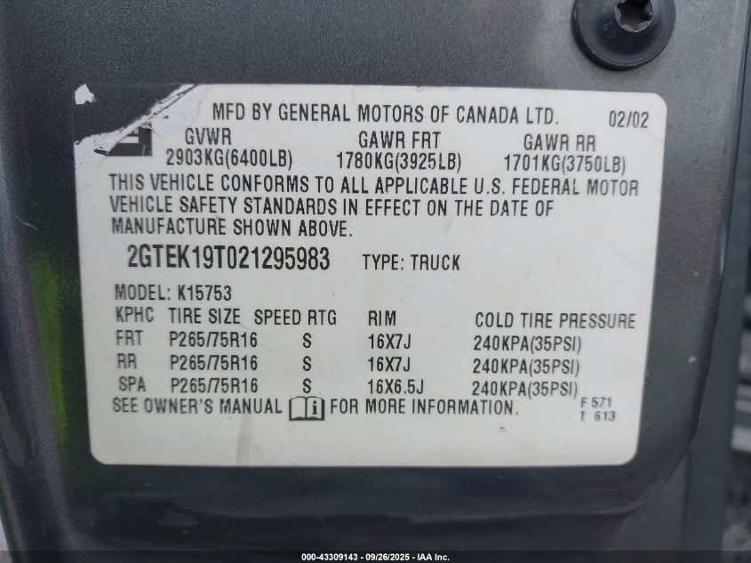 2002 GMC Sierra 1500 Sle VIN: 2GTEK19T021295983 Lot: 43309143