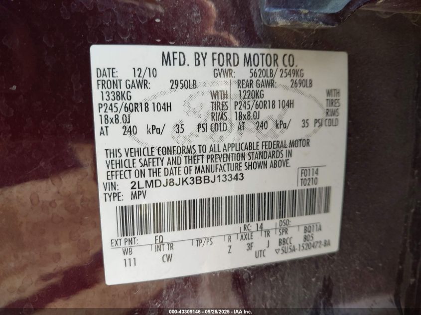 2011 Lincoln Mkx VIN: 2LMDJ8JK3BBJ13343 Lot: 43309146