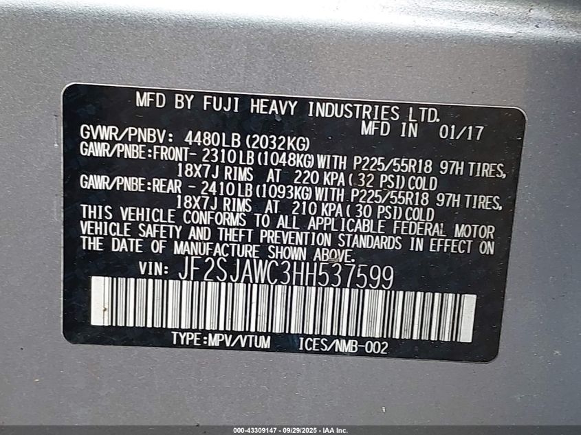 2017 Subaru Forester 2.5I Touring VIN: JF2SJAWC3HH537599 Lot: 43309147