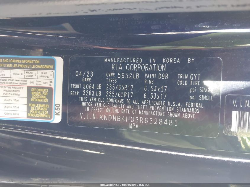 2024 Kia Carnival Mpv Lx Seat Package VIN: KNDNB4H33R6328481 Lot: 43309155