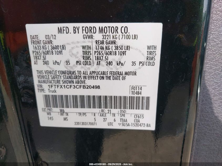 2012 Ford F-150 Xlt VIN: 1FTFX1CF3CFB20498 Lot: 43309165