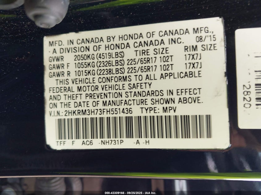 2015 HONDA CR-V EX-L - 2HKRM3H73FH551436