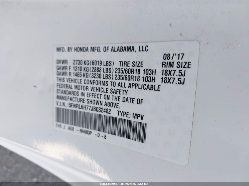 2018 Honda Odyssey Ex-L VIN: 5FNRL6H77JB032482 Lot: 43309167