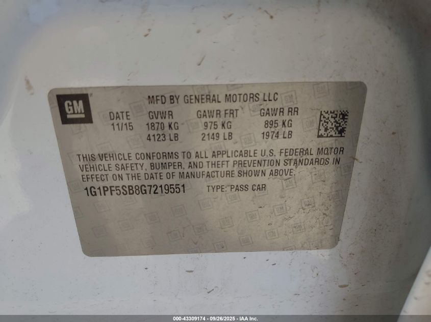 2016 Chevrolet Cruze Limited 2Lt Auto VIN: 1G1PF5SB8G7219551 Lot: 43309174