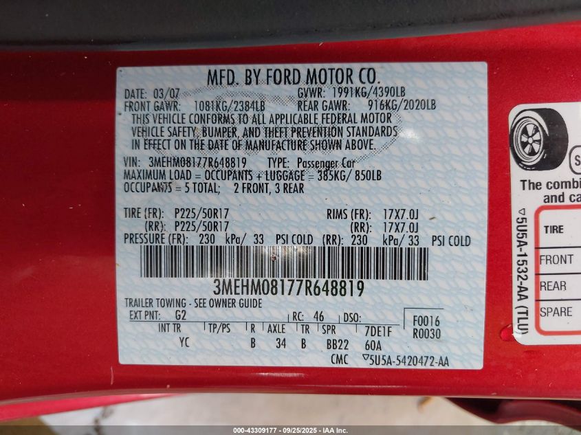 2007 Mercury Milan V6 Premier VIN: 3MEHM08177R648819 Lot: 43309177