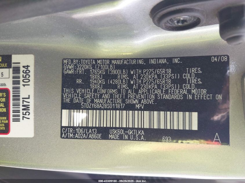 2008 Toyota Sequoia Limited 5.7L V8 VIN: 5TDZY68A28S011817 Lot: 43309188